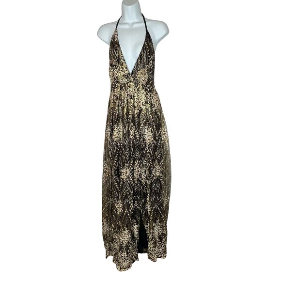 Hello Molly Gold & Black Halter Maxi Dress size 6 Sequined Formal Gown - Picture 2 of 9